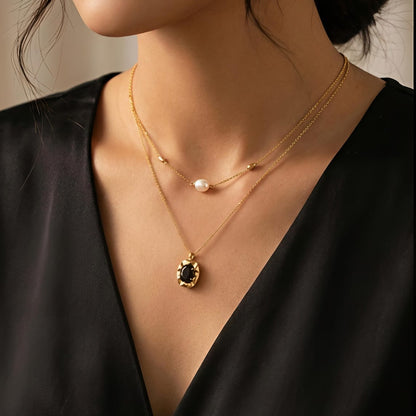 Layered Pearl and Black Stone Necklace