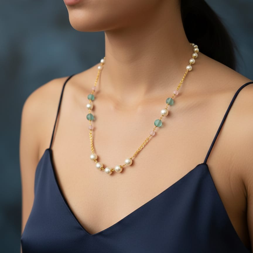 Long Gold Chain with Mixed Gemstone and Pearl Accents 