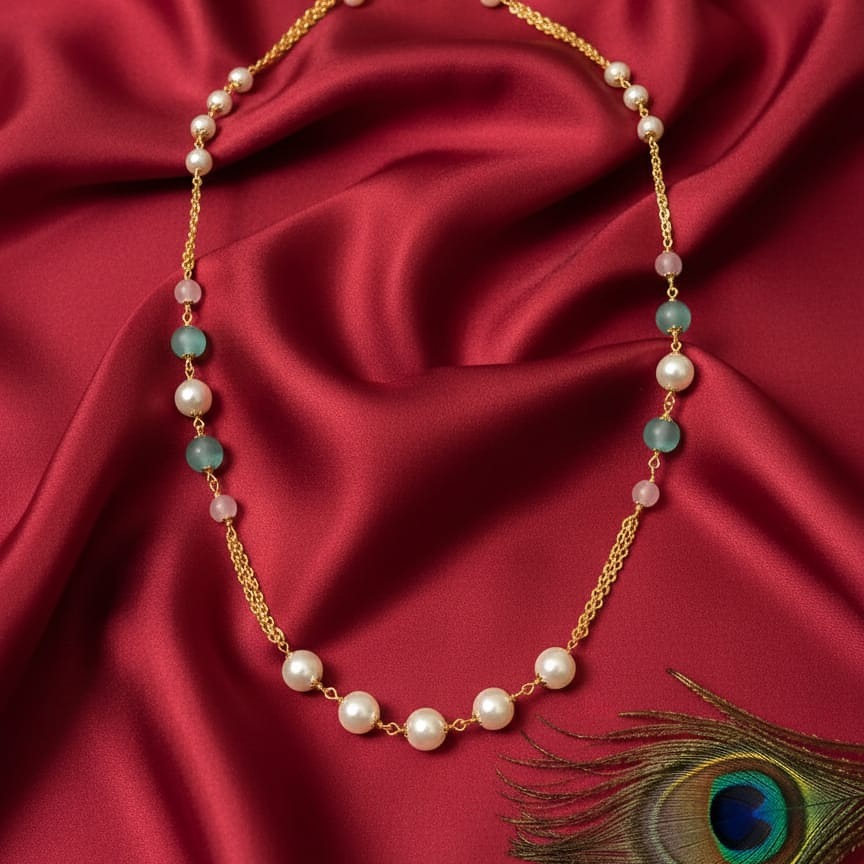 Long Gold Chain with Mixed Gemstone and Pearl Accents