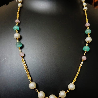 Long Gold Chain with Mixed Gemstone and Pearl Accents