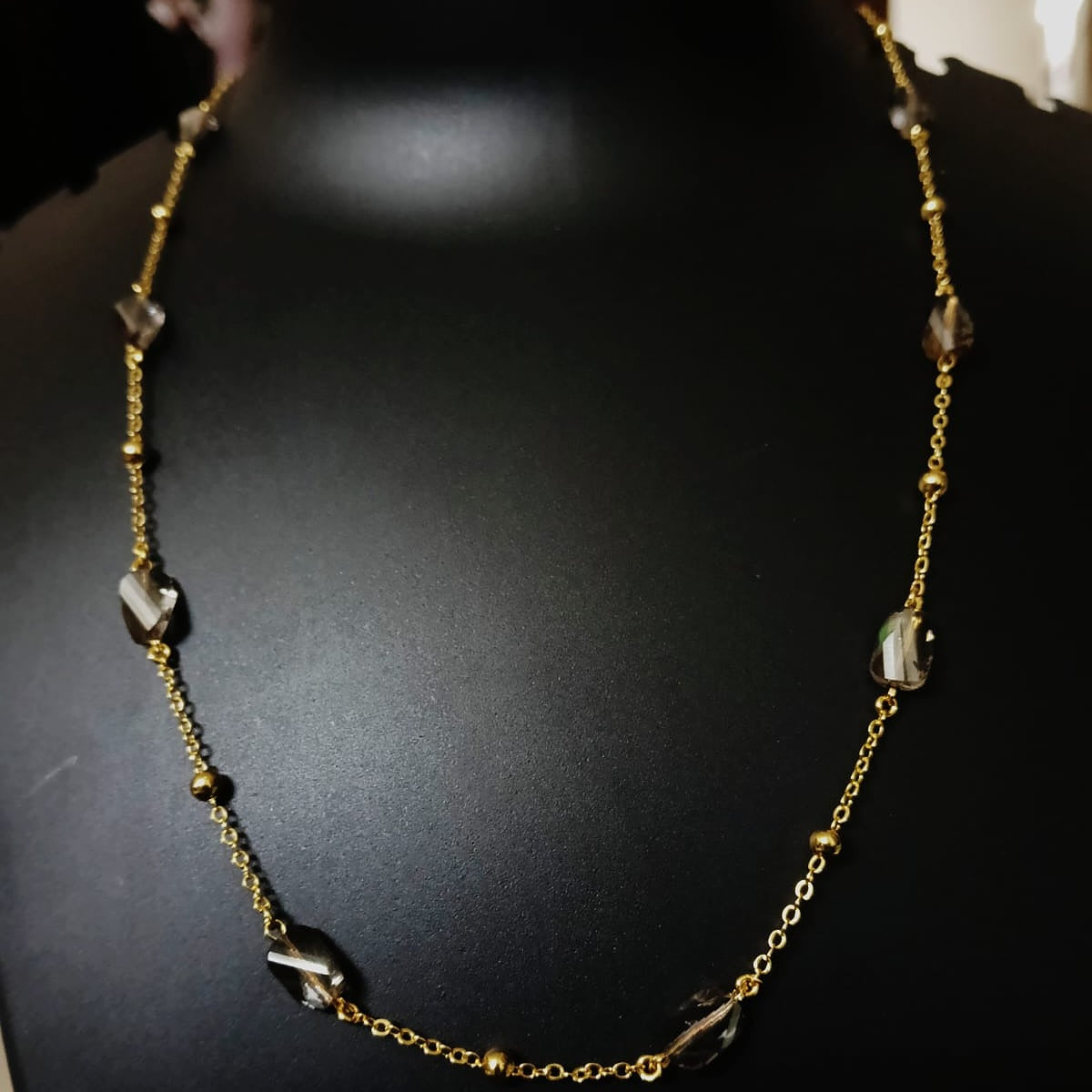 Long Gold Chain with Smoky Quartz Crystal Stations