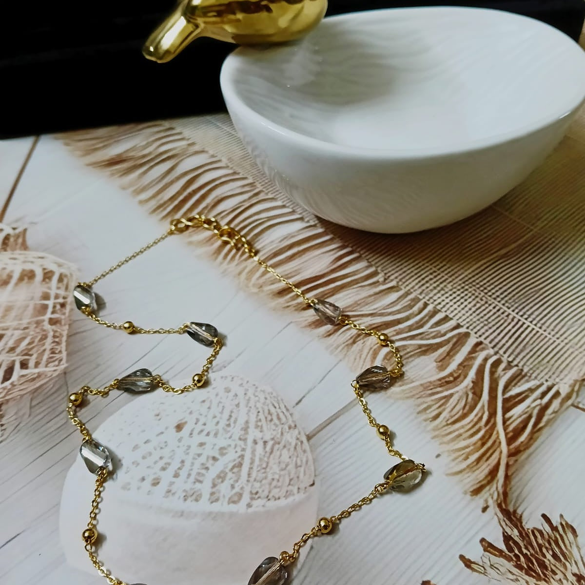 Long Gold Chain with Smoky Quartz Crystal Stations