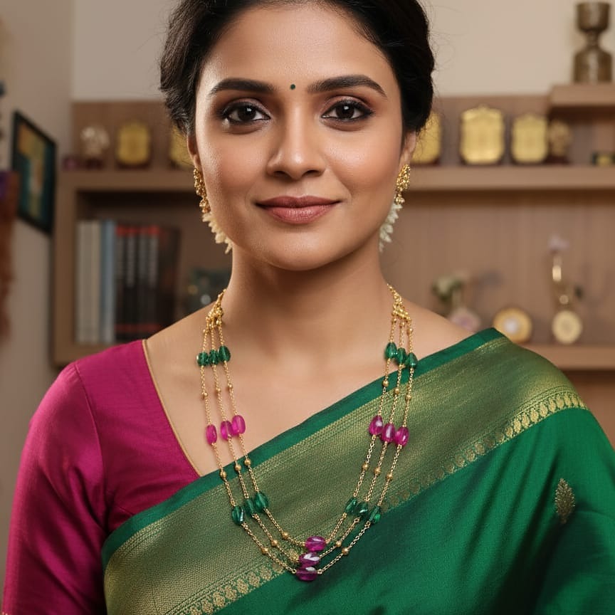 Magenta & Emerald Crystal Triple-Strand Station Necklace