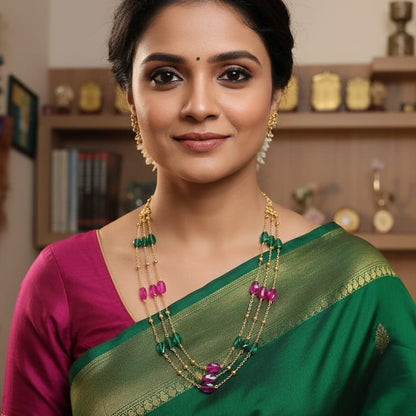 Magenta & Emerald Crystal Triple-Strand Station Necklace