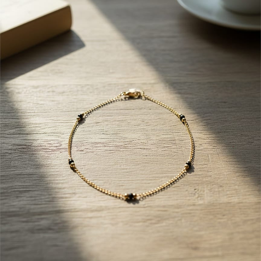 Minimal Gold Bead Anklet with Black Accent