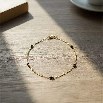 Minimal Gold Bead Anklet with Black Accent