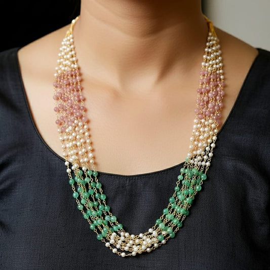 Multi-Strand Layered Gemstone and Pearl Necklace 