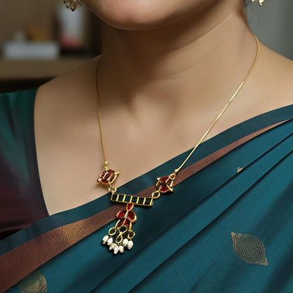 Elegant Ruby-Tone Stone Necklace Set with Pearl Drops