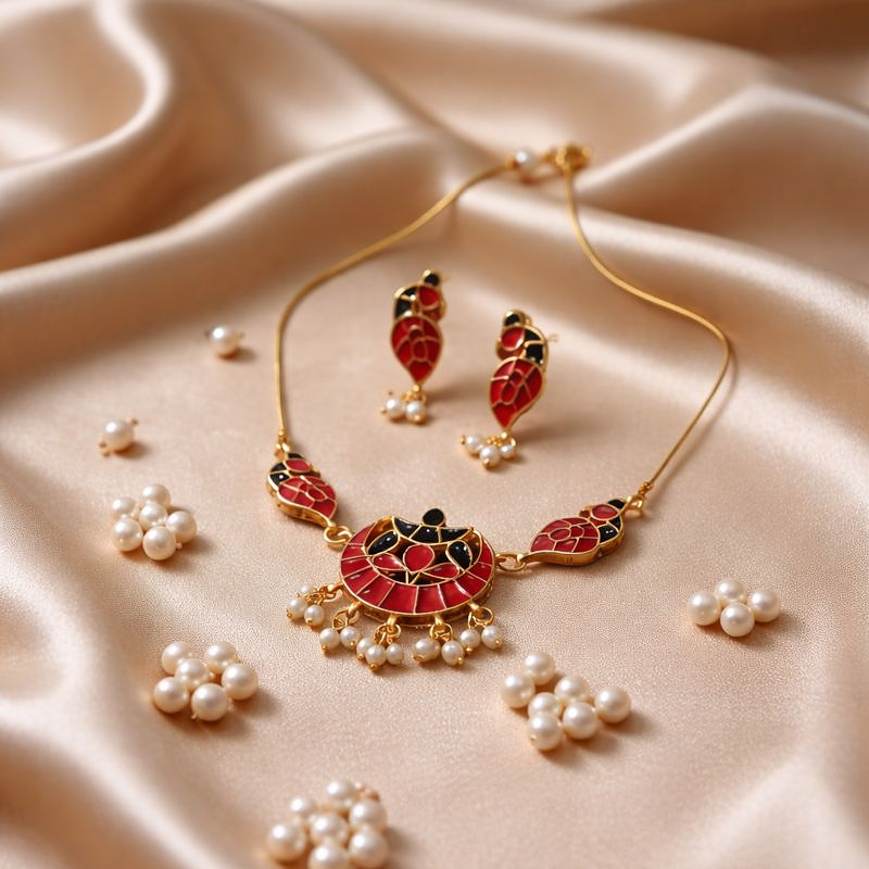 Magenta and Purple Enamel Peacock Invisible Necklace Set