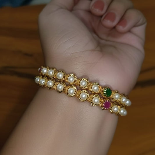 Pearl Bangles with Emerald and Ruby Center Stones