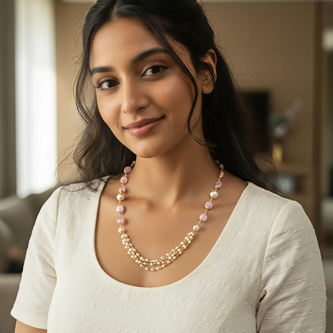 Triple-Strand Seed Pearl & Polished Stone Necklace