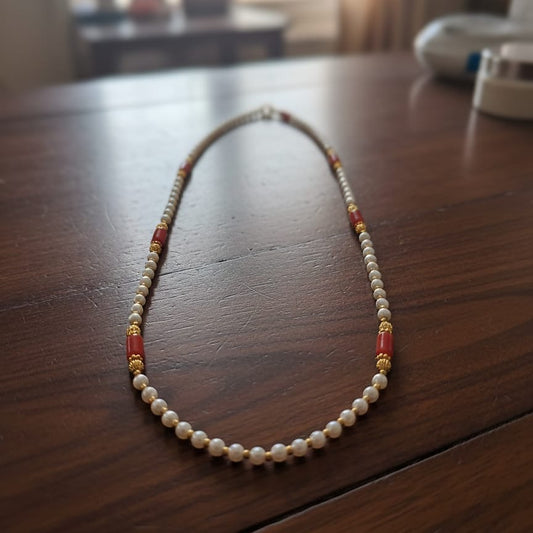 Pearl and Red Accent Beaded Necklace