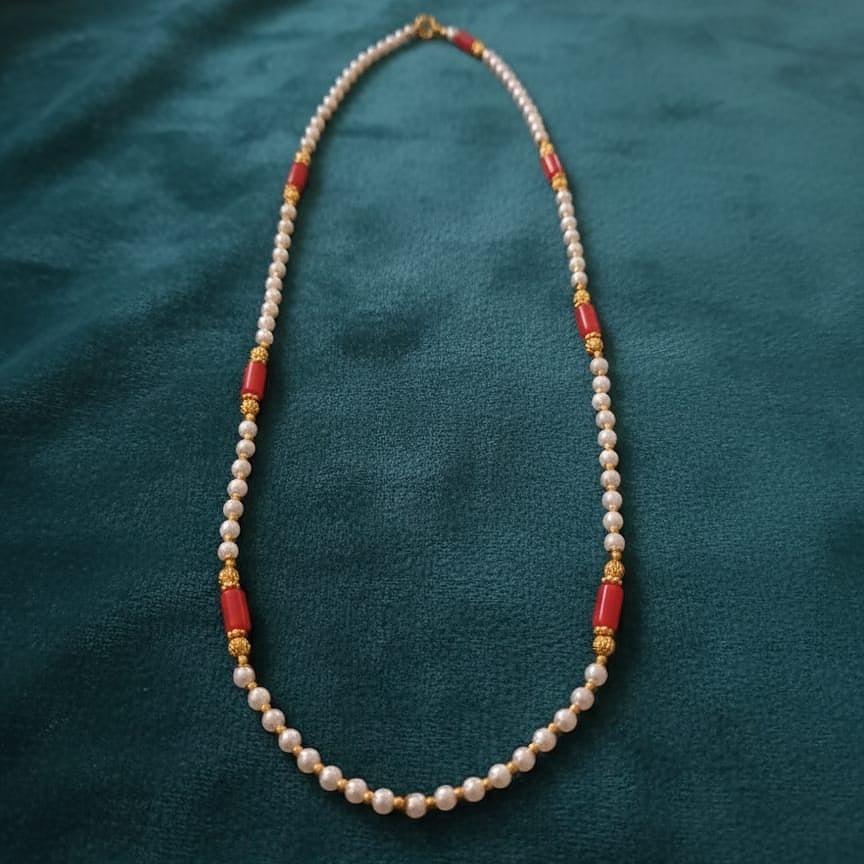 Pearl and Red Accent Beaded Necklace