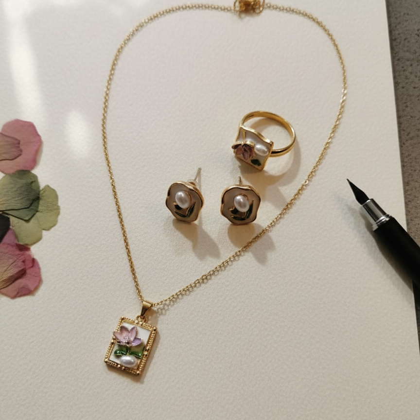Gold necklace with pendant, ring, and earrings 