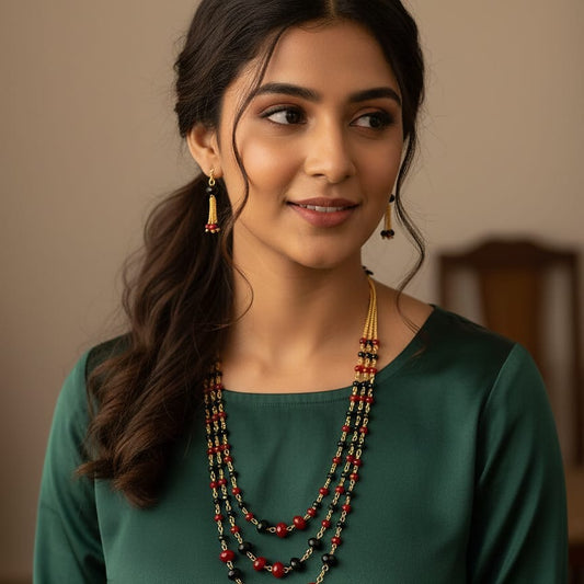 Triple-Layered Red & Black Beads Necklace Set