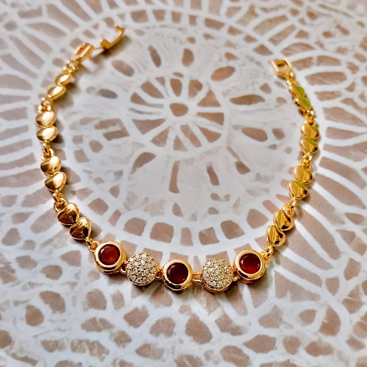 Red Stone & CZ Heart-Chain Bracelet