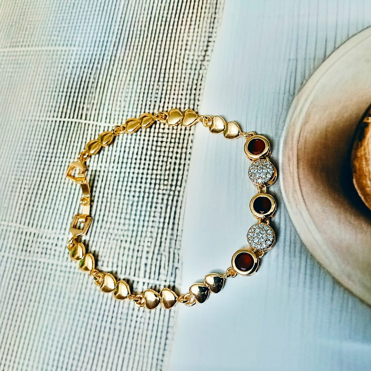 Red Stone & CZ Heart-Chain Bracelet