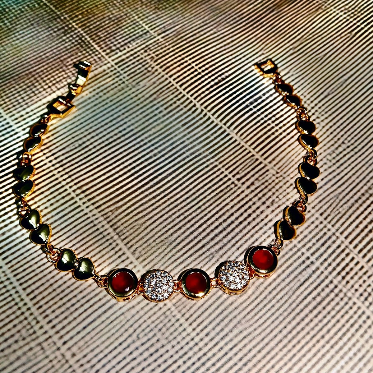 Red Stone & CZ Heart-Chain Bracelet