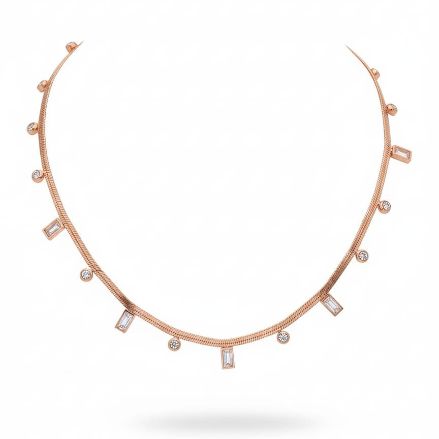 Rose Gold Snake Chain Necklace with Baguette & Round Crystal Charms