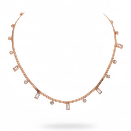 Rose Gold Snake Chain Necklace with Baguette & Round Crystal Charms