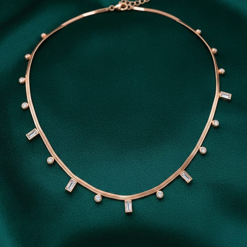 Rose Gold Snake Chain Necklace with Baguette & Round Crystal Charms