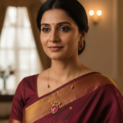 Green and Ruby Red Pendant With Invisible Chain Set