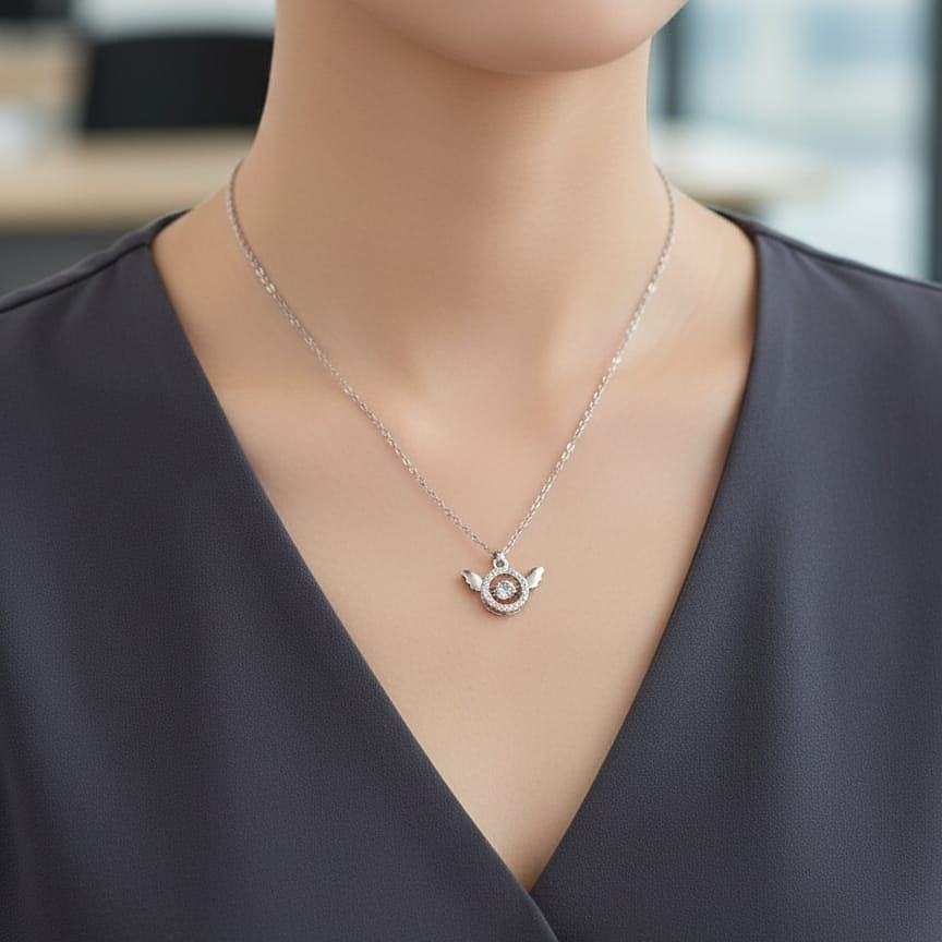 Silver-Tone Crystal Angel Wing Pendant Necklace