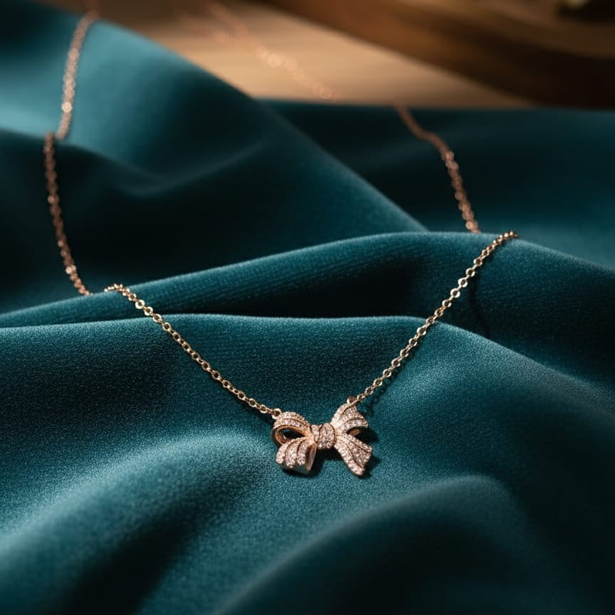 Sparkling Rose Gold Pave Bow Necklace