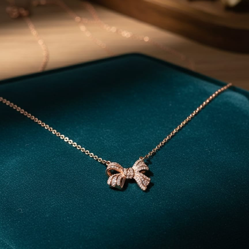 Sparkling Rose Gold Pave Bow Necklace