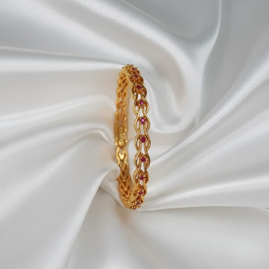 Traditional Gold-Toned Bangle with Ruby-Red Leaf/Heart Motifs