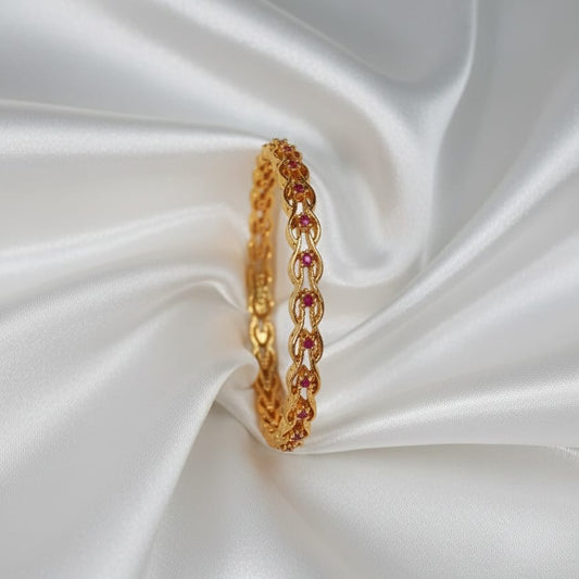 Traditional Gold-Toned Bangle with Ruby-Red Leaf/Heart Motifs