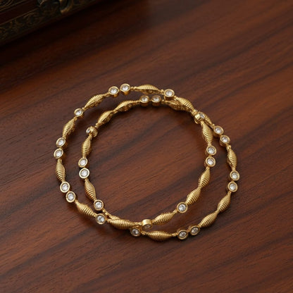 Traditional Gold-Toned Textured Bangle Set with Clear CZ Accents