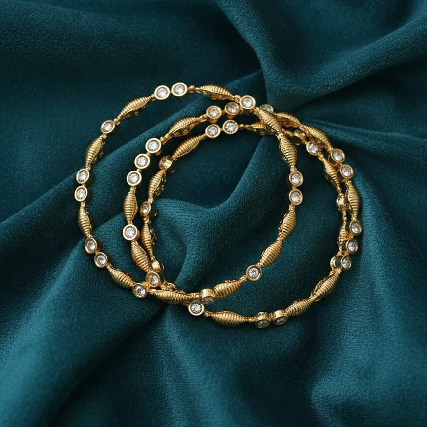 Traditional Gold-Toned Textured Bangle Set with Clear CZ Accents