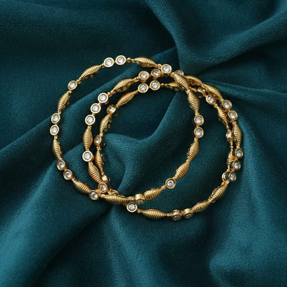 Traditional Gold-Toned Textured Bangle Set with Clear CZ Accents