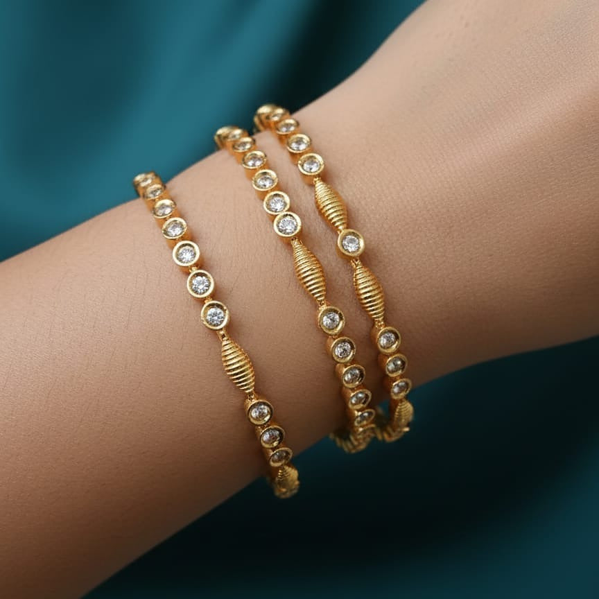 Traditional Gold-Toned Textured Bangle Set with Clear CZ Accents