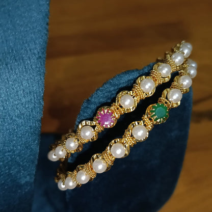 Pearl Bangles with Emerald and Ruby Center Stones
