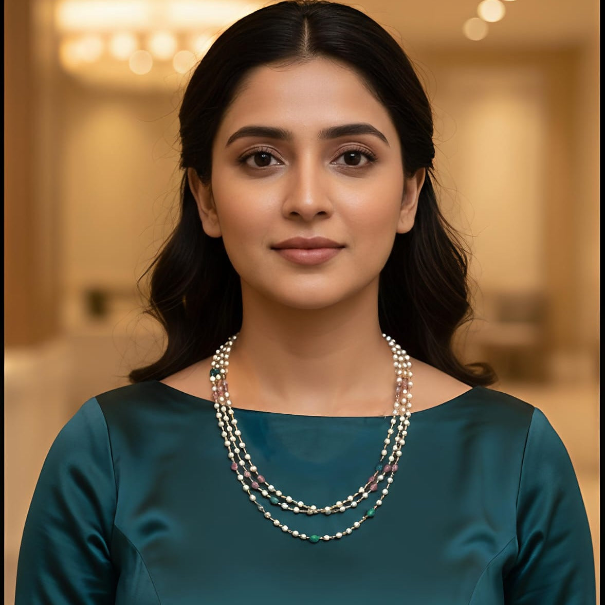 Tri-Color Gemstone & Pearl Triple-Strand Necklace