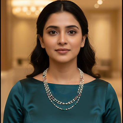 Tri-Color Gemstone & Pearl Triple-Strand Necklace