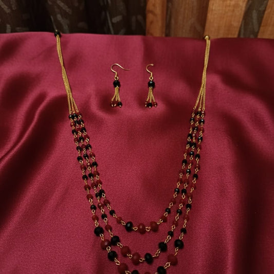 Triple-Layered Red & Black Beads Necklace Set