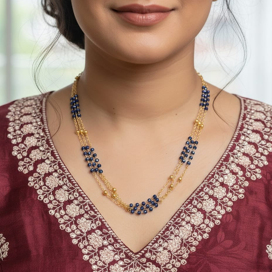 Triple-Strand Deep Blue Necklace & Golden Beads Necklace