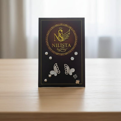 Versatile Silver-Tone Stud Collection with Pave Butterfly Accents