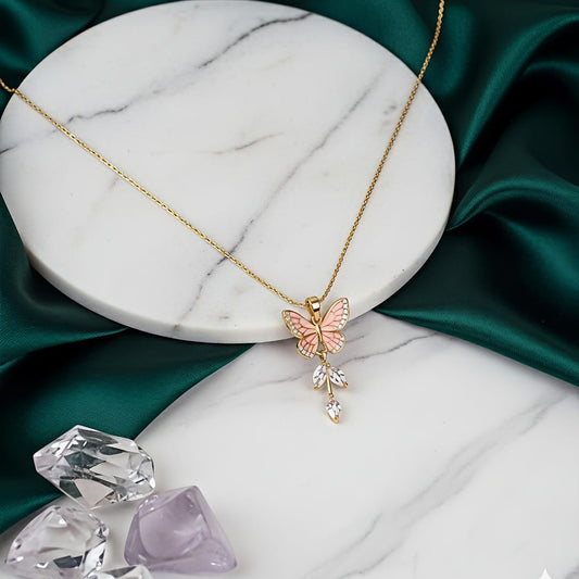 Enchanting Pink Enamel Butterfly Pendant Necklace