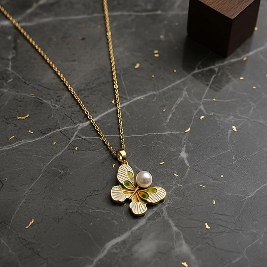 Nature's Grace Pearl and Emerald Butterfly Pendant