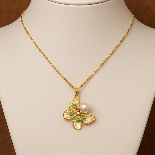 Nature's Grace Pearl and Emerald Butterfly Pendant