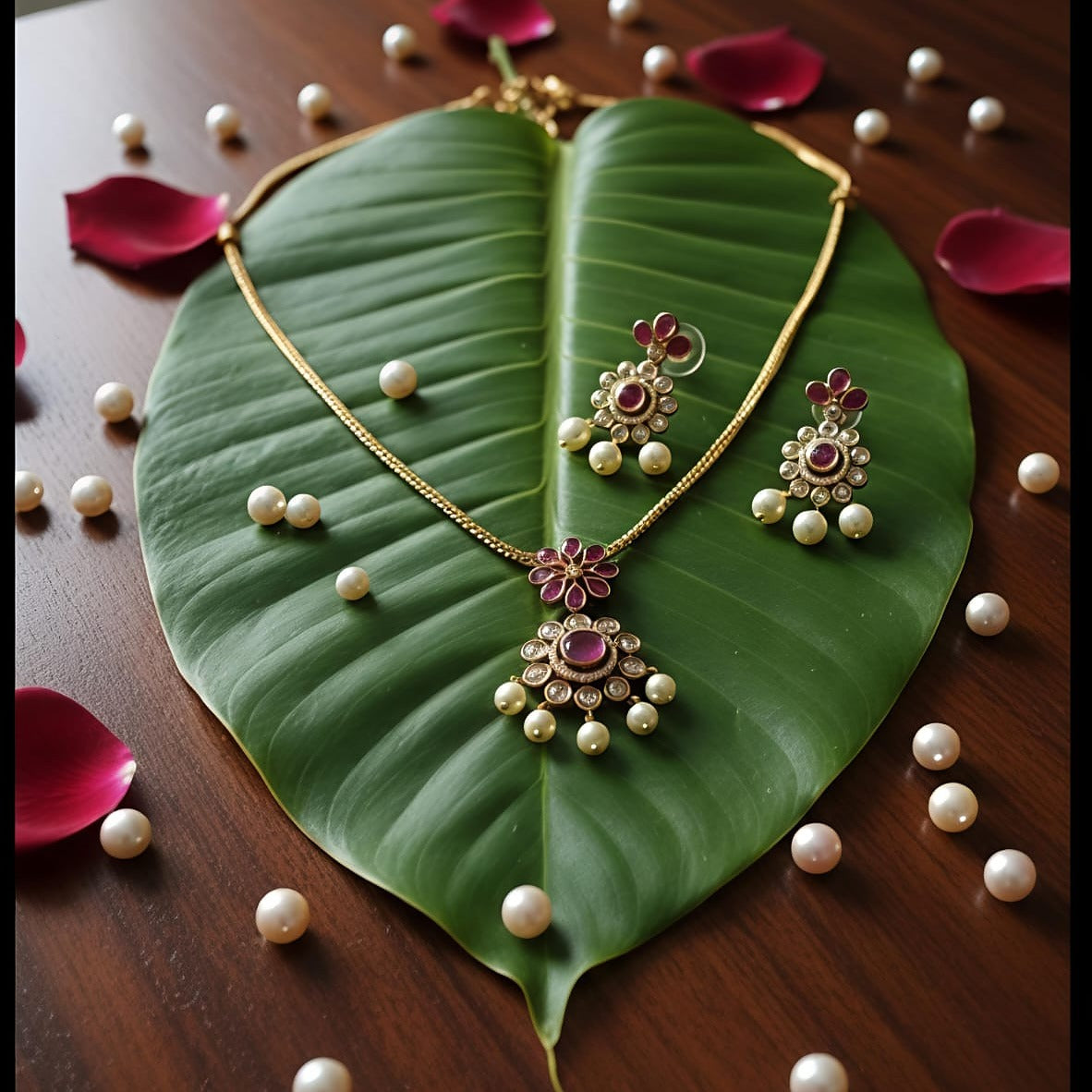 Elegant Floral Ruby & Pearl Necklace Set