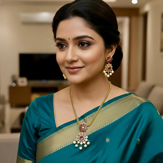 Elegant Floral Ruby & Pearl Necklace Set