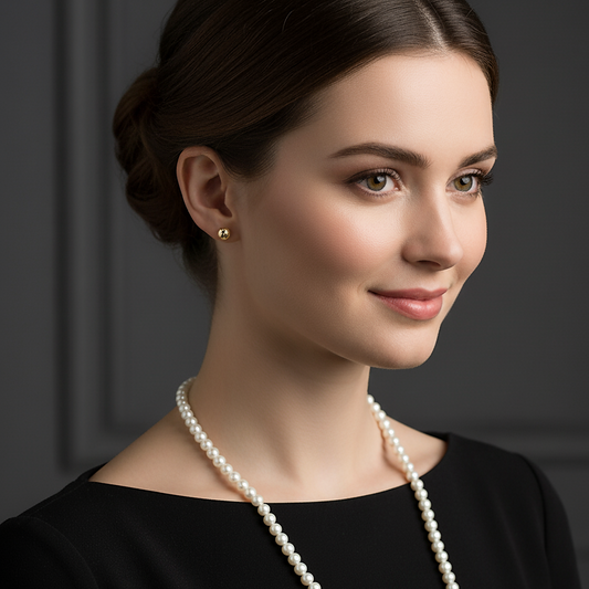 Woman wearing a pearl necklace and earrings 