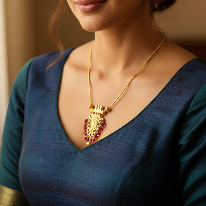 Woman wearing a gold necklace 