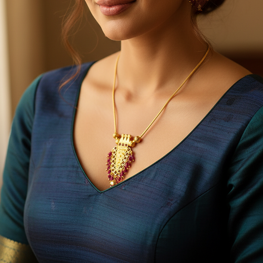 Woman wearing a gold necklace 